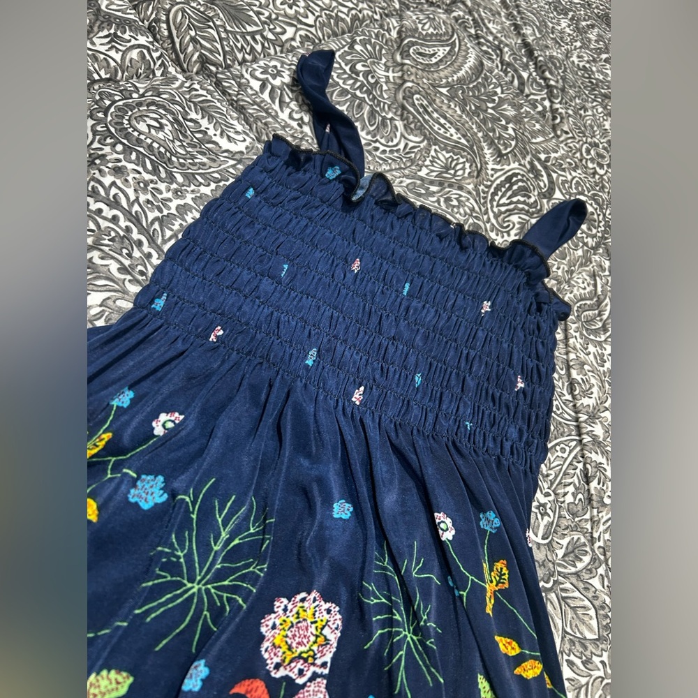 Women’s Navy Smocked Boho Floral Midi Dress Small Medium NWOT - Picture 3 of 4